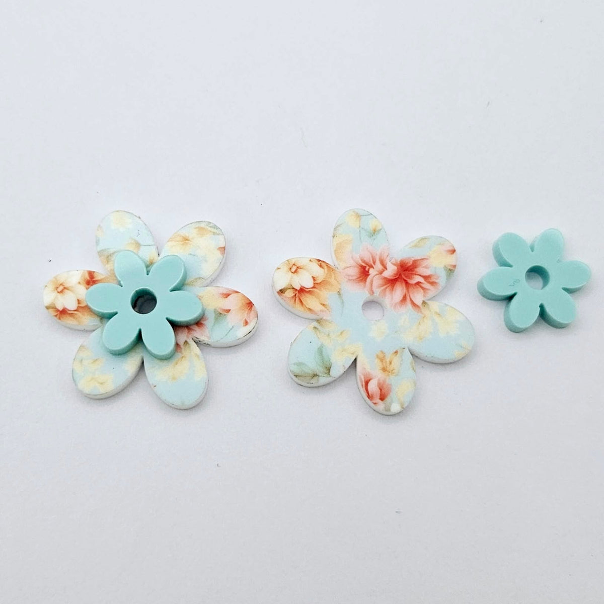 Floral Bloom & Pastel Aqua: Two-piece UV printed Floral Bloom and Pastel Aqua acrylic flower earring blanks designed for 20mm stainless steel hoops.