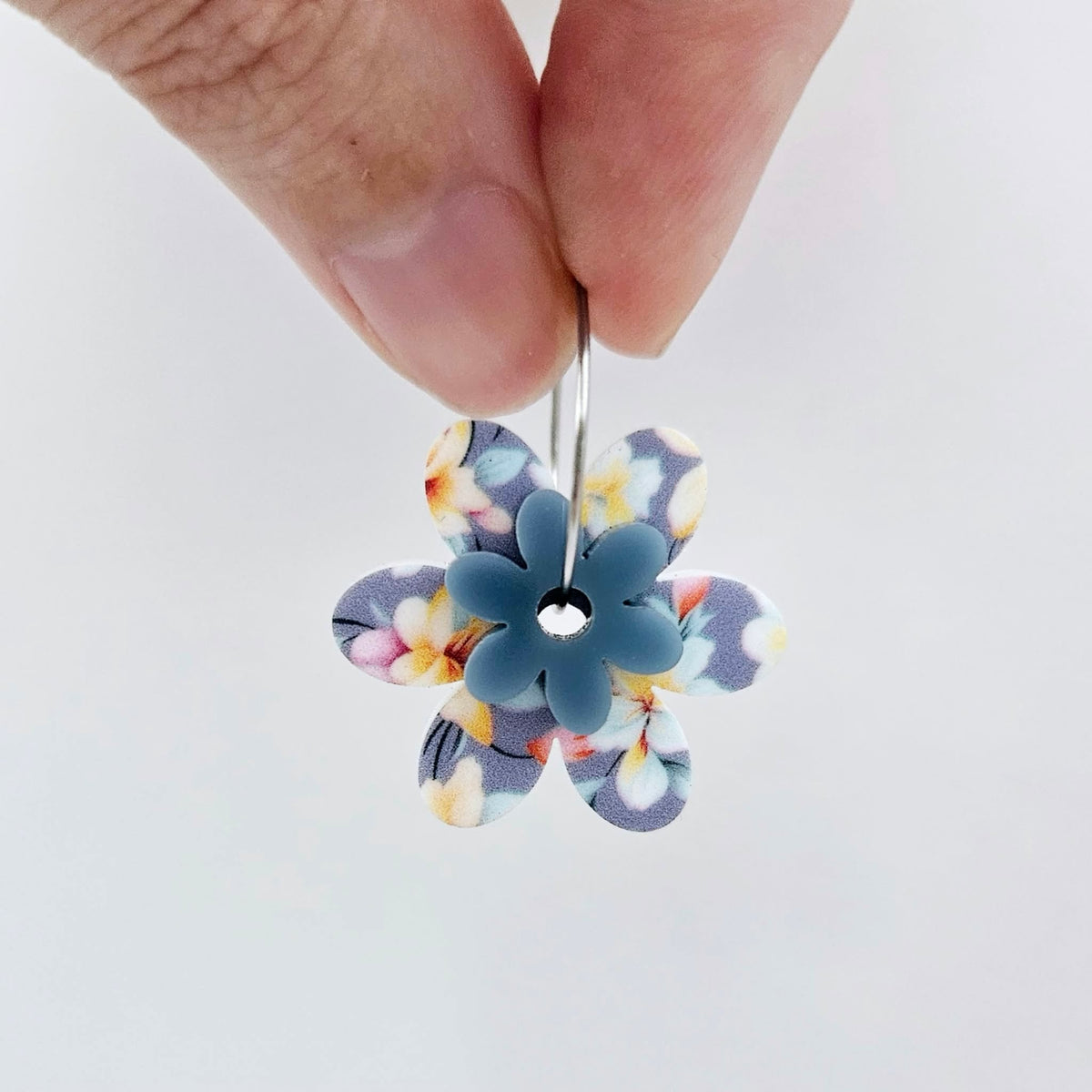Two-piece Hawaii Dream and Bluestone UV printed acrylic flower earring blanks assembled on 20mm stainless steel hoops, showing how the floral pieces combine to create lightweight statement earrings.