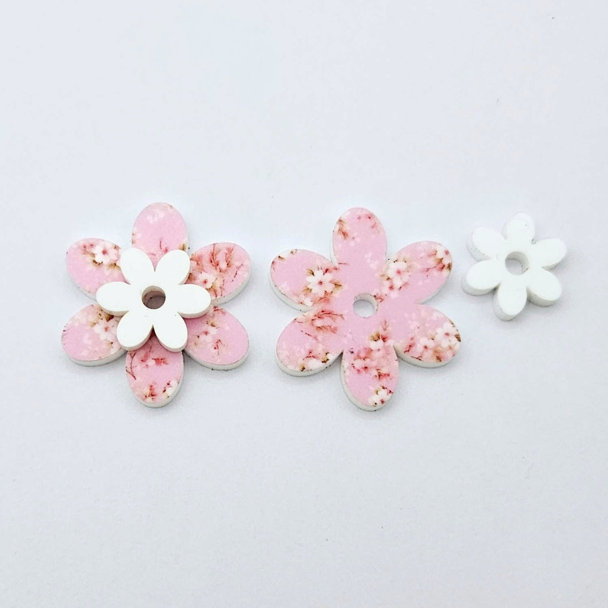 Cherry Blossom & White: Two-piece UV printed Cherry Blossom and White acrylic flower earring blanks designed for 20mm stainless steel hoops.