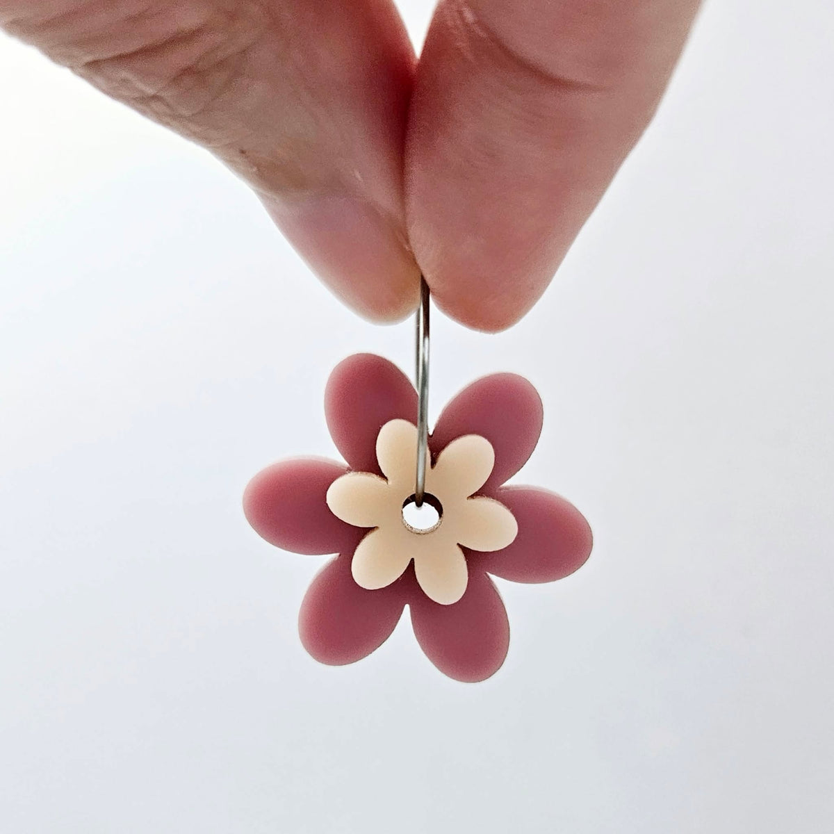 Two-piece dusty rose and peach solid colour acrylic flower earring blanks assembled on 20mm stainless steel hoop, showing how the layered floral pieces create lightweight statement earring.