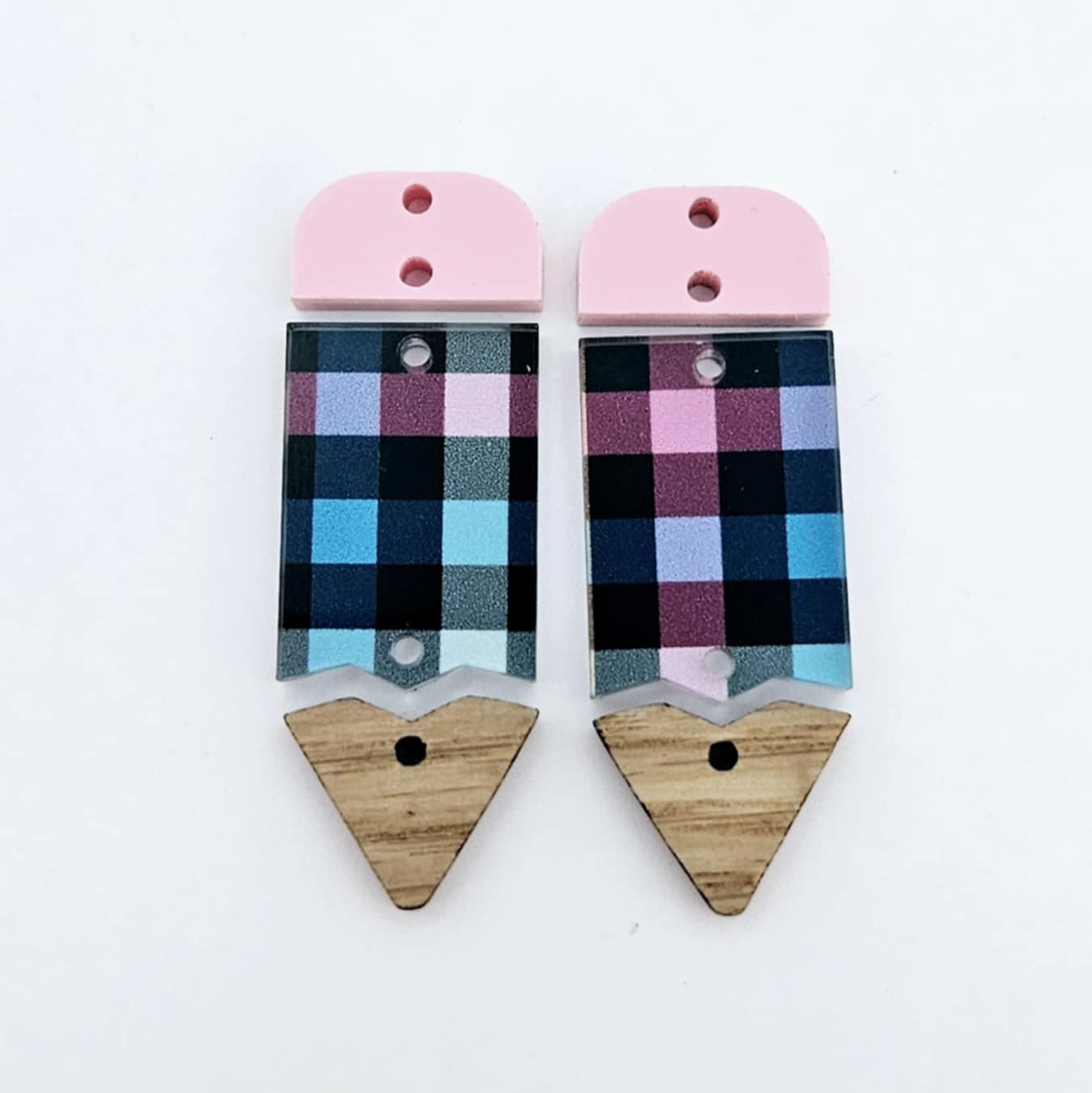 rainbow gingham UV print pastel pink oak wood pencil teacher DIY earring supplies laser cut acrylic dangles blanks