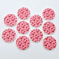 Five pairs of 20mm Pink & Red Hearts UV printed acrylic circle stud earring blanks laid flat, featuring a pink background with little red hearts scattered throughout.