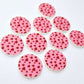 Five pairs of 20mm Pink & Red Hearts UV printed acrylic circle stud earring blanks laid flat, featuring a pink background with little red hearts scattered throughout.