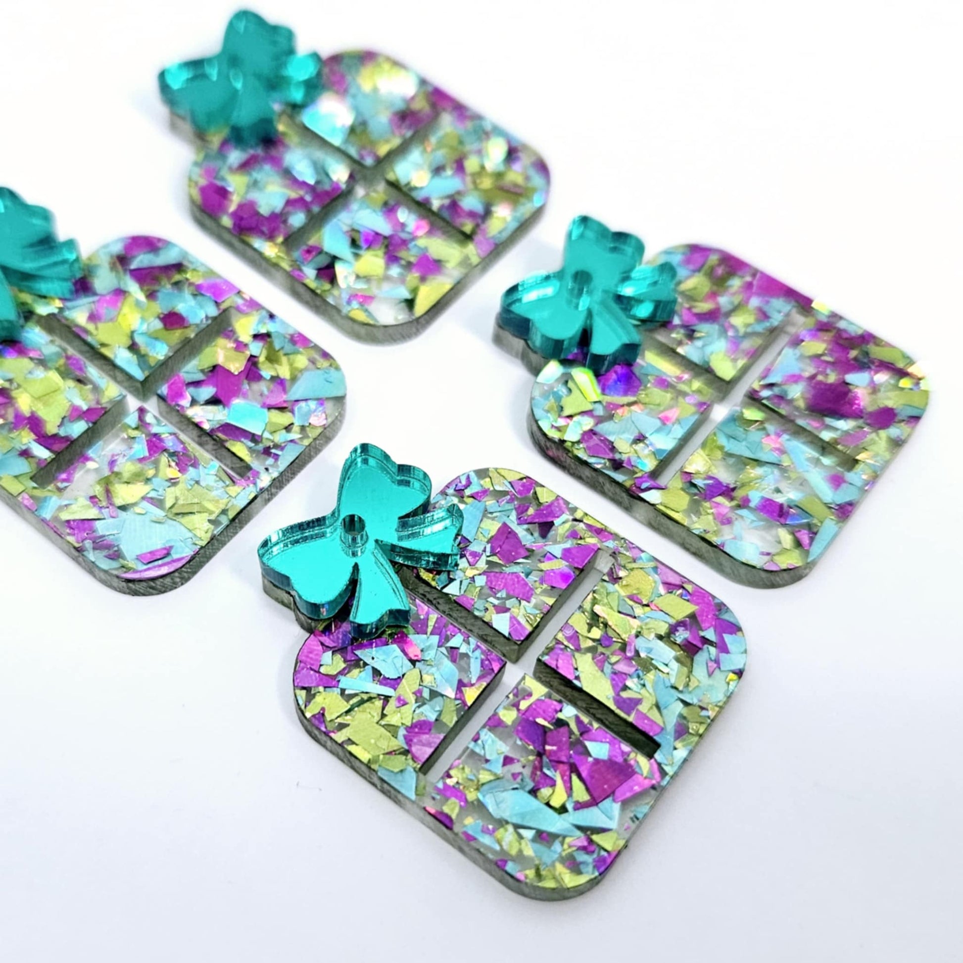 Chunky peacock glitter purple green Christmas present ribbon bow DIY earring supplies laser cut acrylic dangles blanks