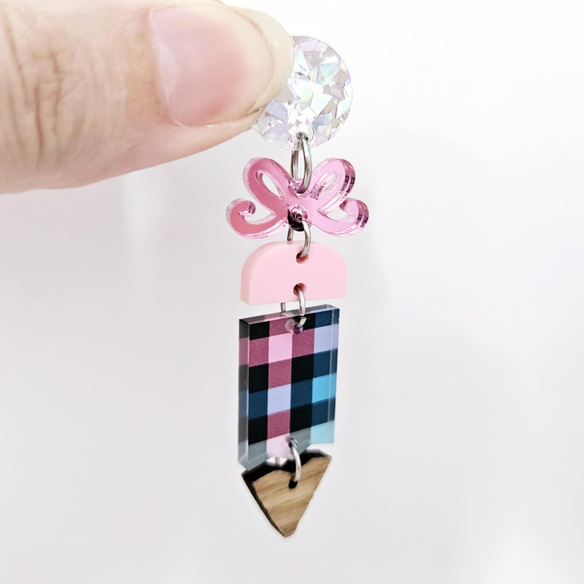 rainbow gingham UV print pastel pink oak wood pencil teacher DIY earring supplies laser cut acrylic dangles blanks