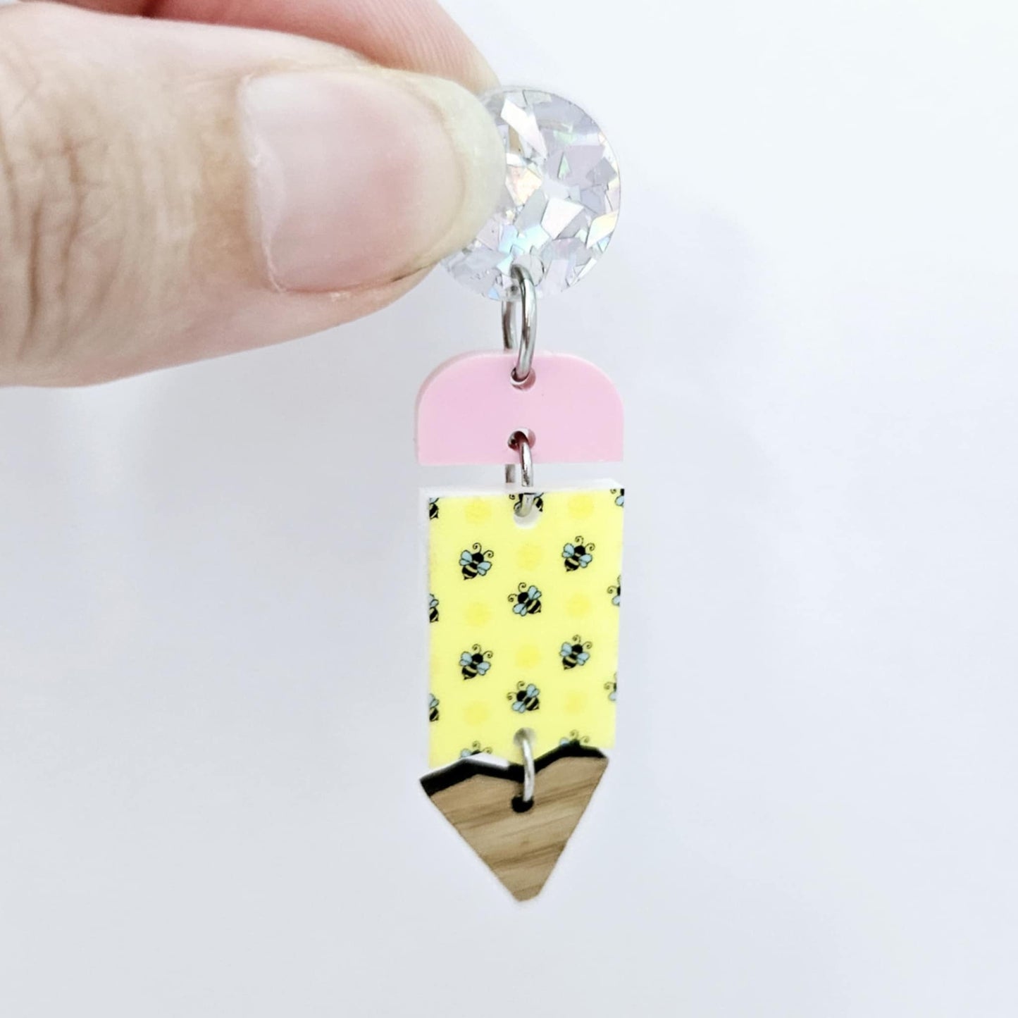 yellow bee UV print pastel pink wood oak pencil teacher DIY earring supplies laser cut acrylic dangles blanks