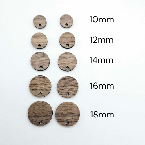 Walnut dark wood veneer DIY earring toppers shown in sizes ranging from 10mm to 18mm