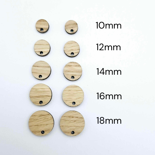 Oak wood veneer DIY earring toppers shown in sizes ranging from 10mm to 18mm