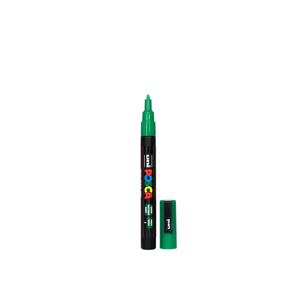 Green POSCA PC-3M fine tip paint pen used for detailed craft and earring paint fill designs