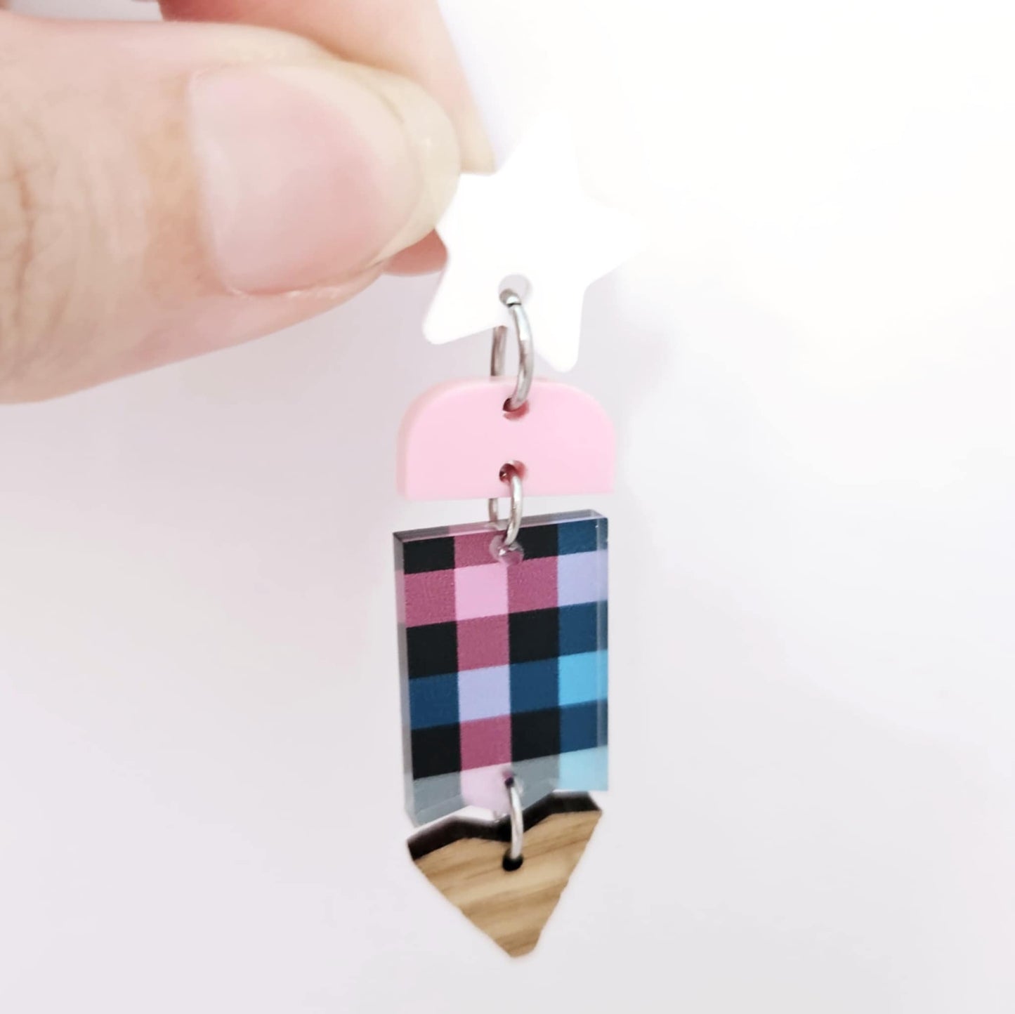 rainbow gingham UV print pastel pink oak wood pencil teacher DIY earring supplies laser cut acrylic dangles blanks