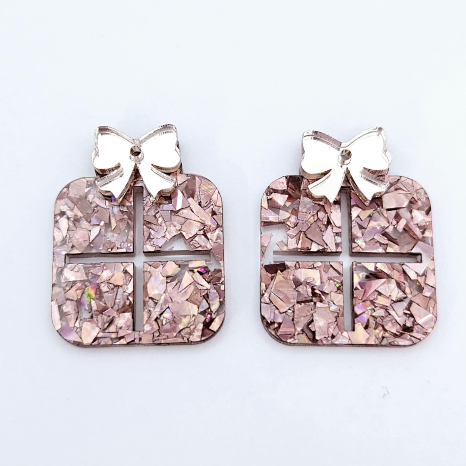 holographic rose gold glitter Christmas presents bow ribbon DIY earring supplies laser cut acrylic dangles blanks