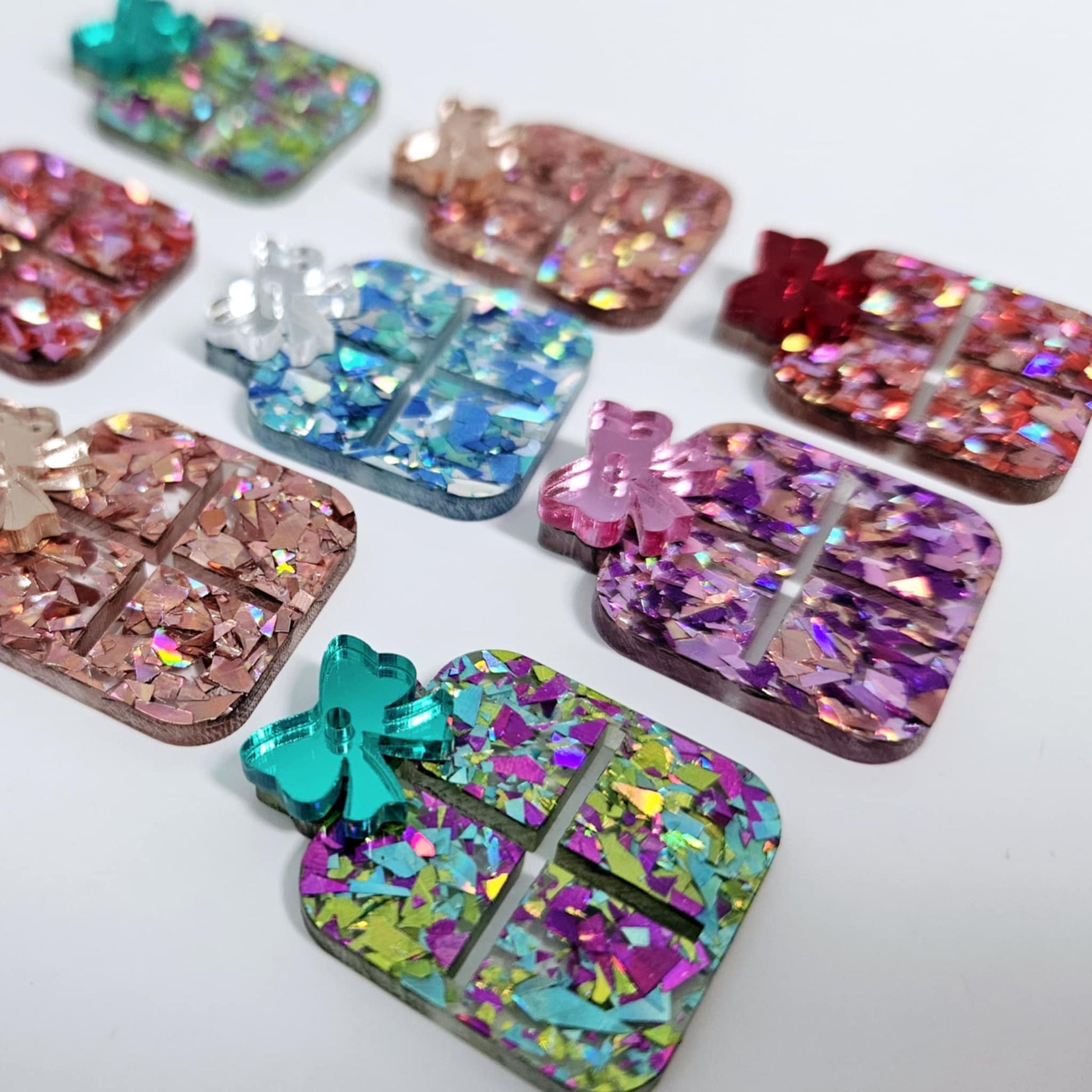 chunky glitter mixed pack green purplr pink red rose gold aqua blue silver Christmas presents ribbon bow DIY earring supplies laser cut acrylic dangles blanks