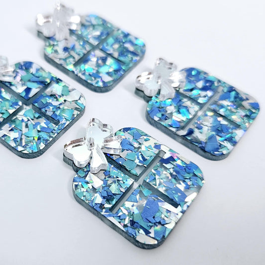 chunky aqua glitter blue silver mirror Christmas present bows DIY earring supplies laser cut acrylic dangles blanks