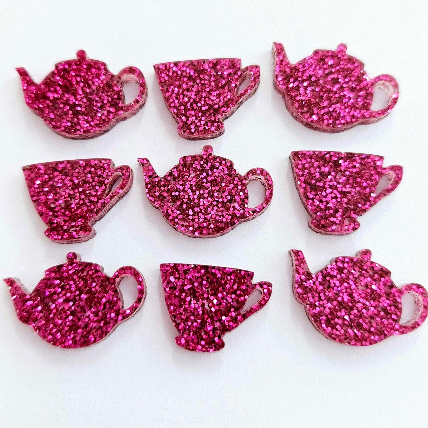 20mm HOT PINK GLITTER Acrylic TEAPOT & TEACUP