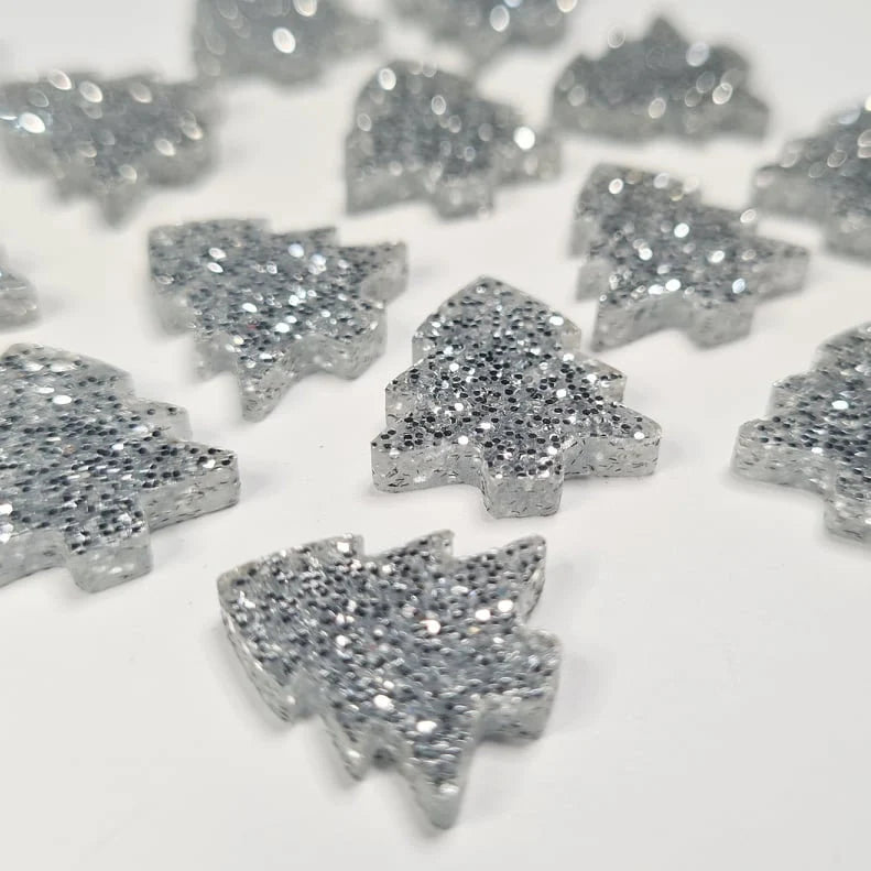 16mm SILVER GLITTER Acrylic CHRISTMAS TREES