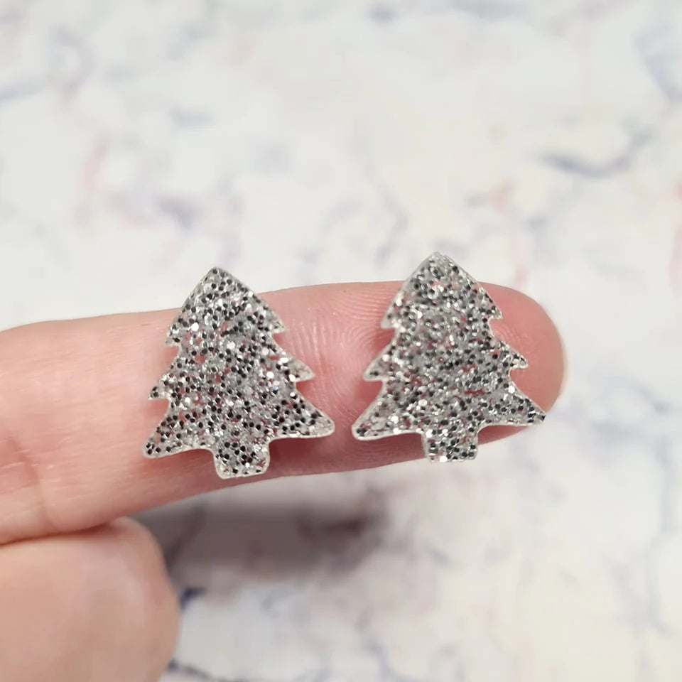 16mm SILVER GLITTER Acrylic CHRISTMAS TREES