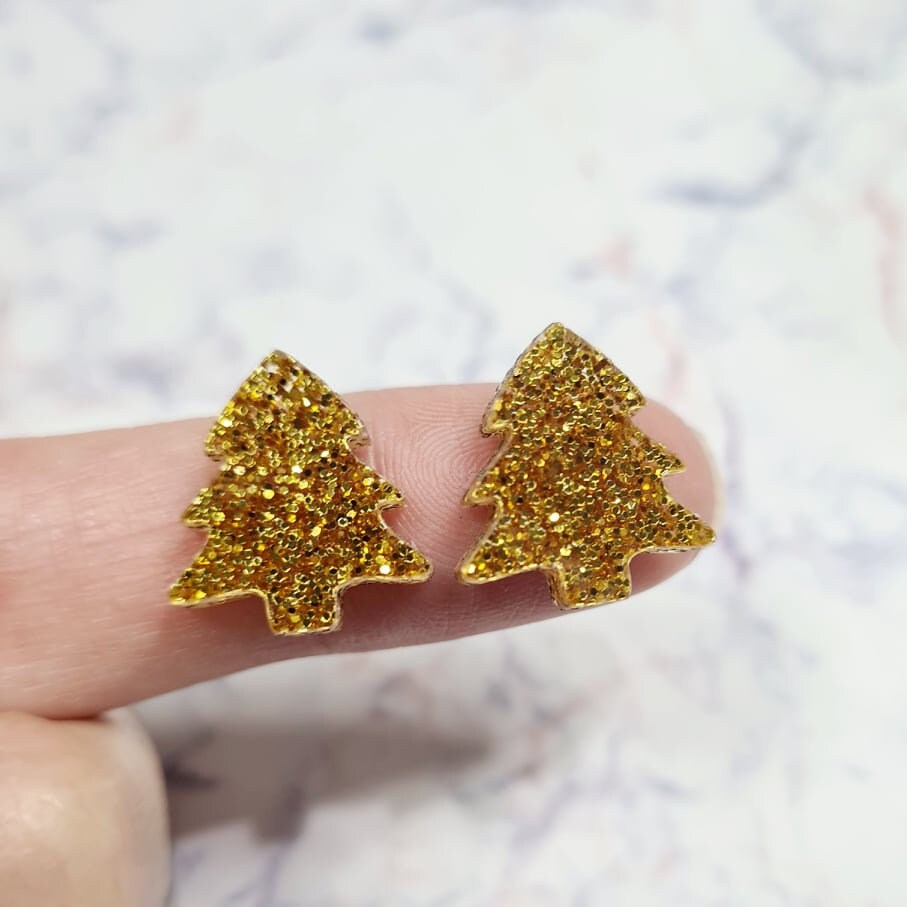 16mm GOLD GLITTER Acrylic CHRISTMAS TREES