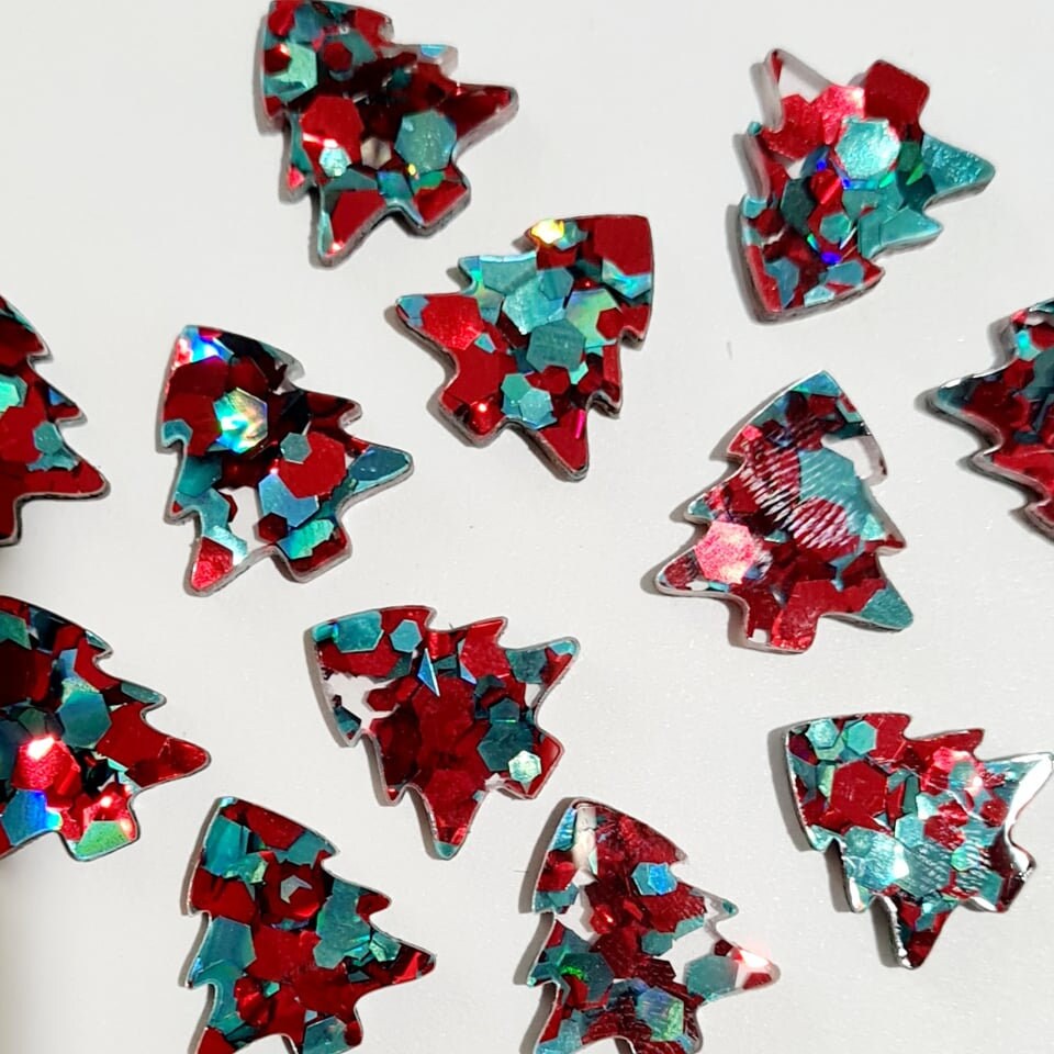 16mm CHUNKY TEAL & RED Glitter CHRISTMAS TREES