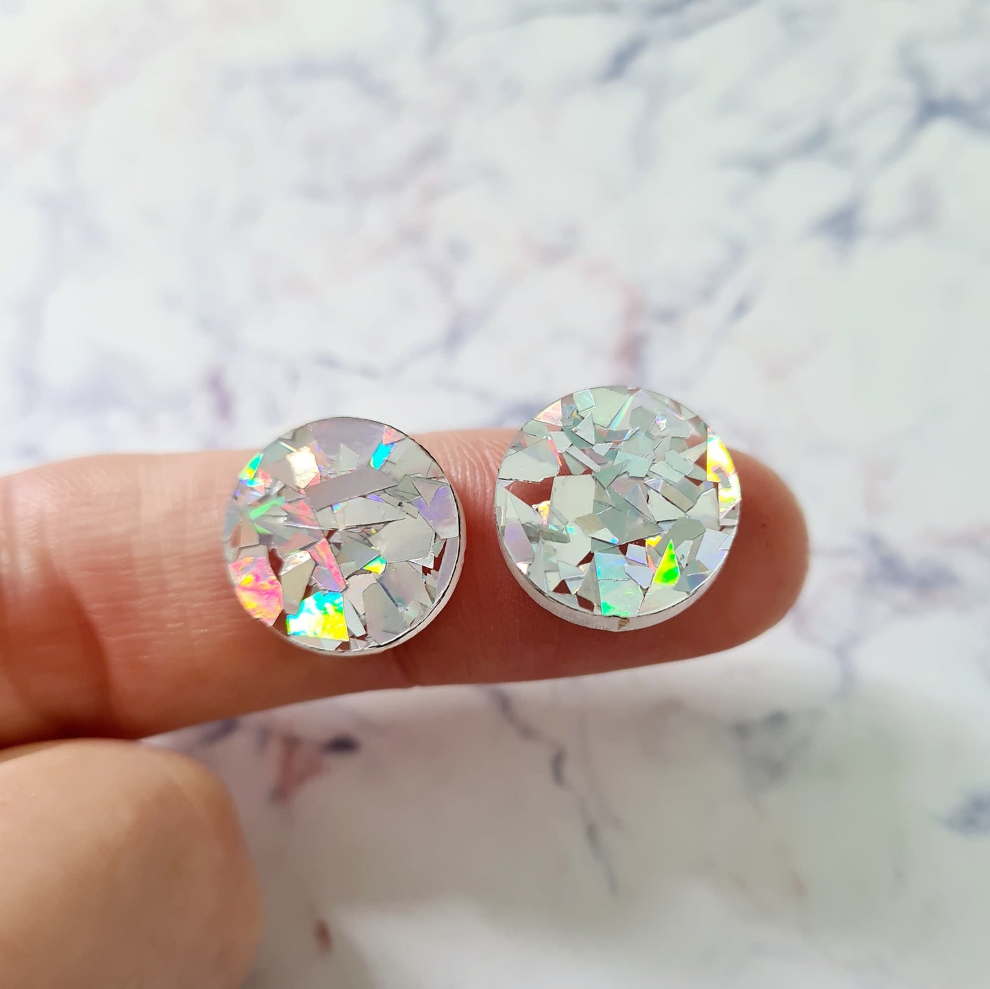 14mm HOLOGRAPHIC SILVER GLITTER Acrylic Toppers/Studs