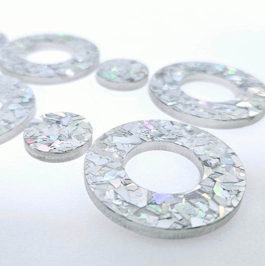 33mm HOLOGRAPHIC SILVER GLITTER Acrylic MINI HOOPS, with toppers