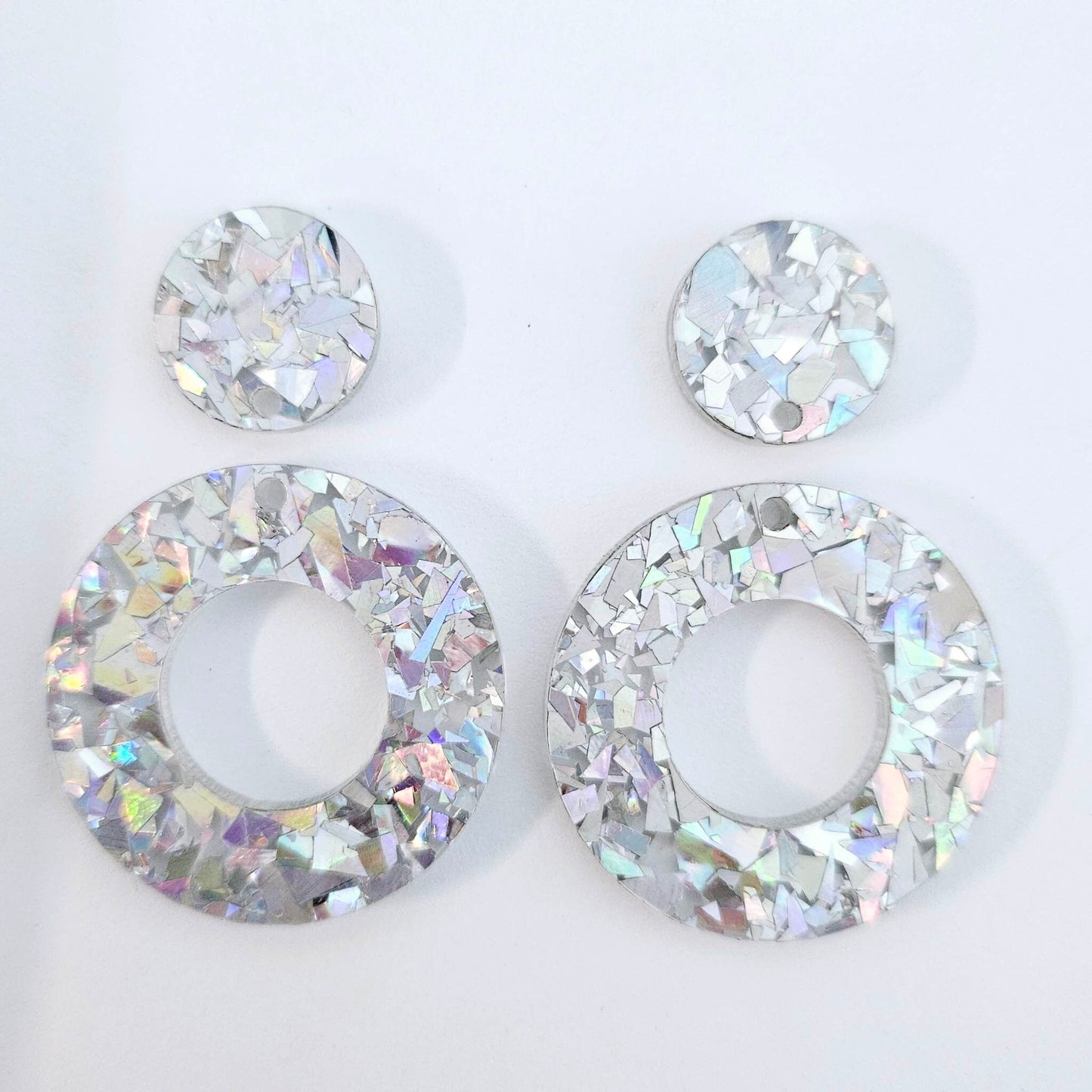 33mm HOLOGRAPHIC SILVER GLITTER Acrylic MINI HOOPS, with toppers