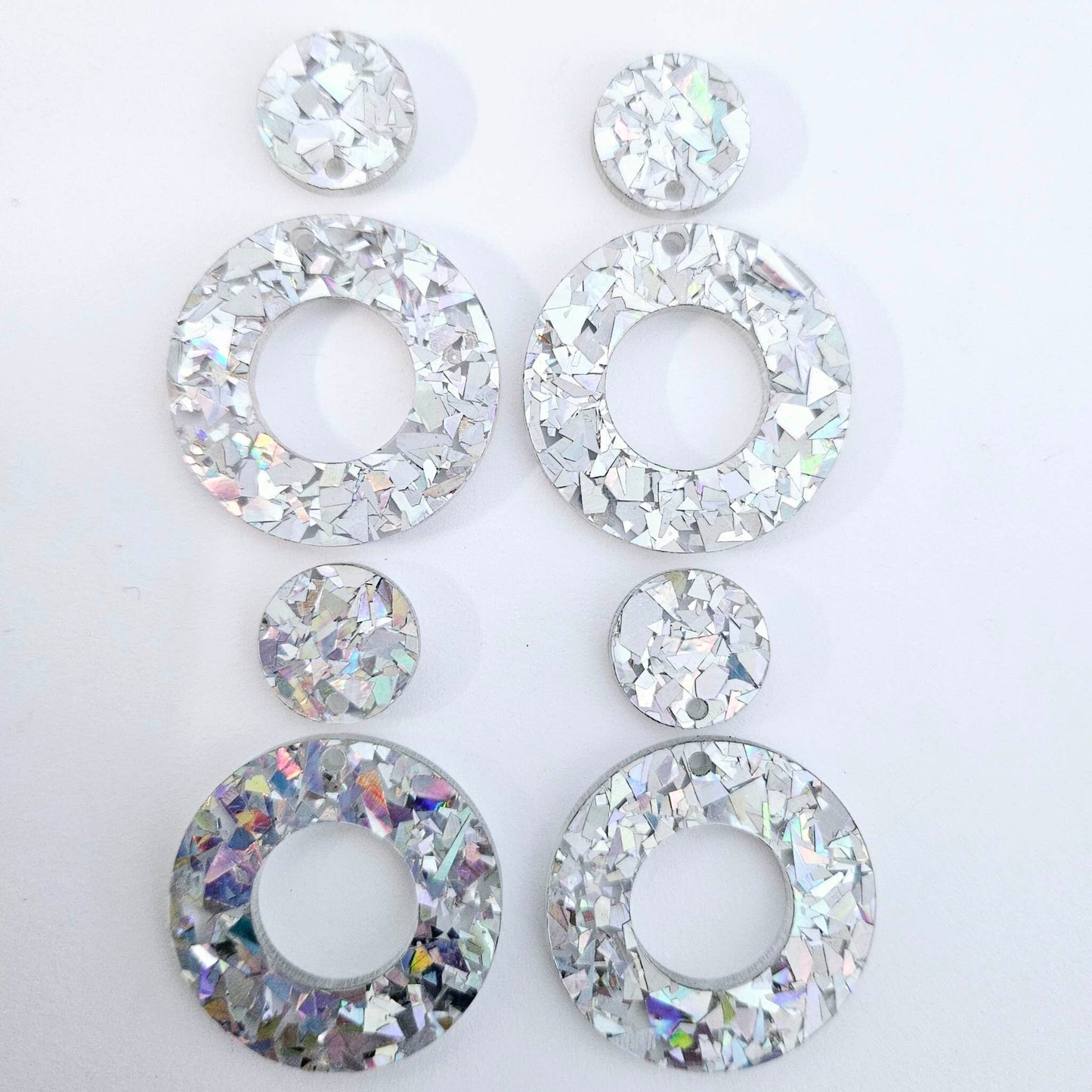 33mm HOLOGRAPHIC SILVER GLITTER Acrylic MINI HOOPS, with toppers