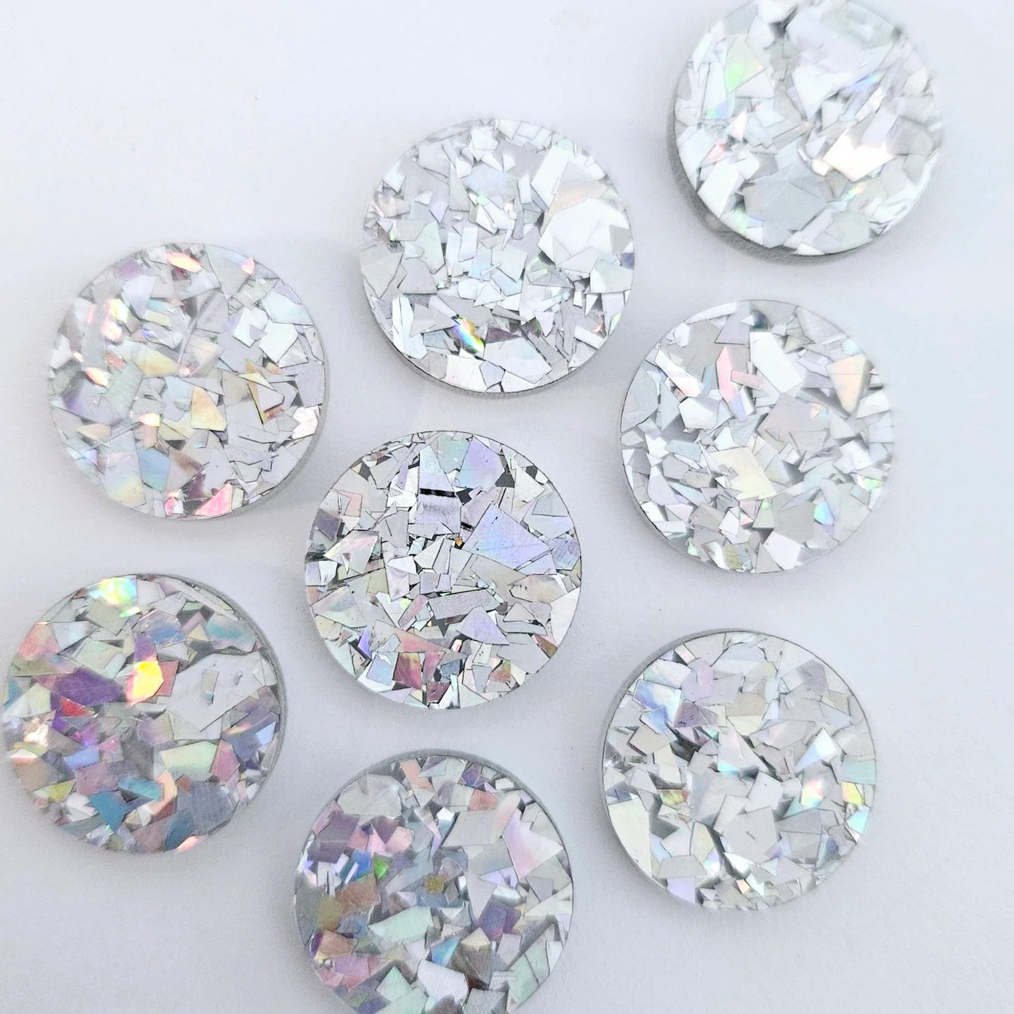 20mm HOLOGRAPHIC SILVER GLITTER Acrylic CIRCLES.