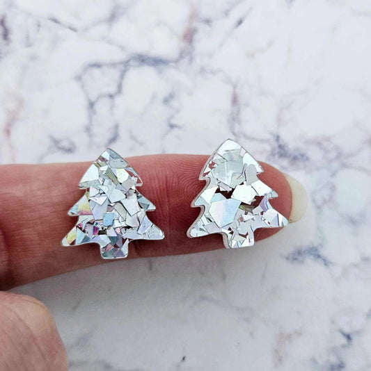 16mm HOLOGRAPHIC SILVER Glitter CHRISTMAS TREES