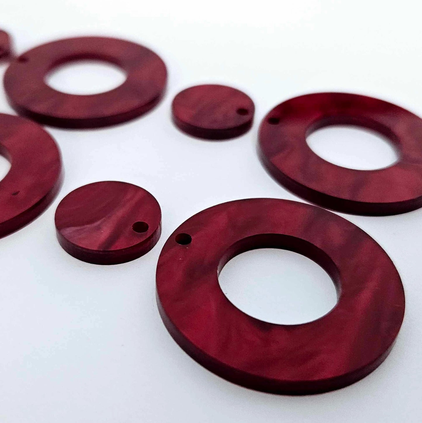 33mm DEEP RED MARBLE Acrylic MINI HOOPS, with toppers.