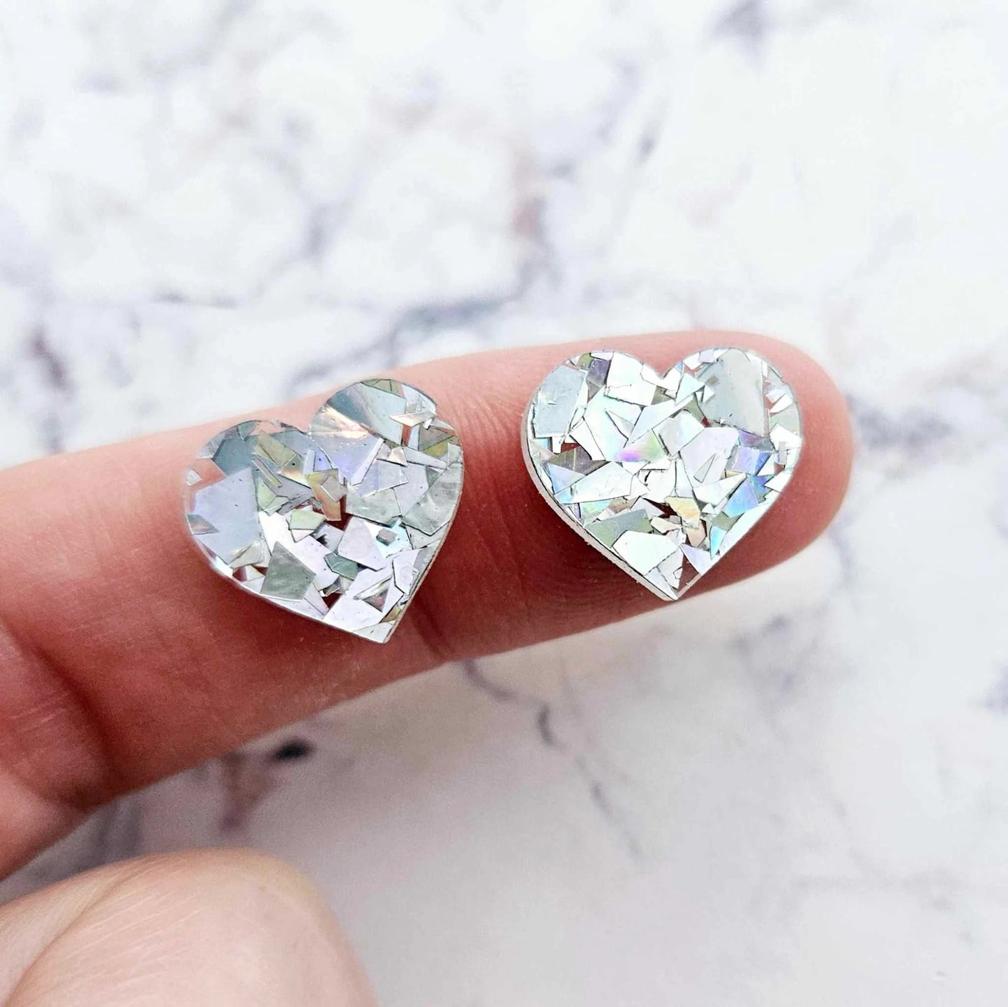 14mm HOLOGRAPHIC SILVER GLITTER Acrylic HEART Toppers/Studs