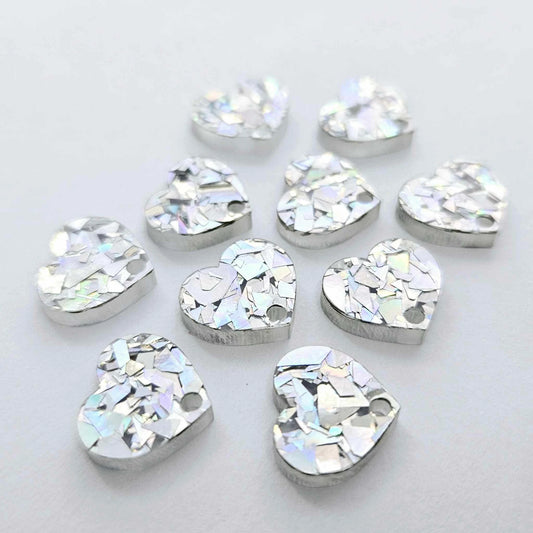 14mm HOLOGRAPHIC SILVER GLITTER Acrylic HEART Toppers/Studs