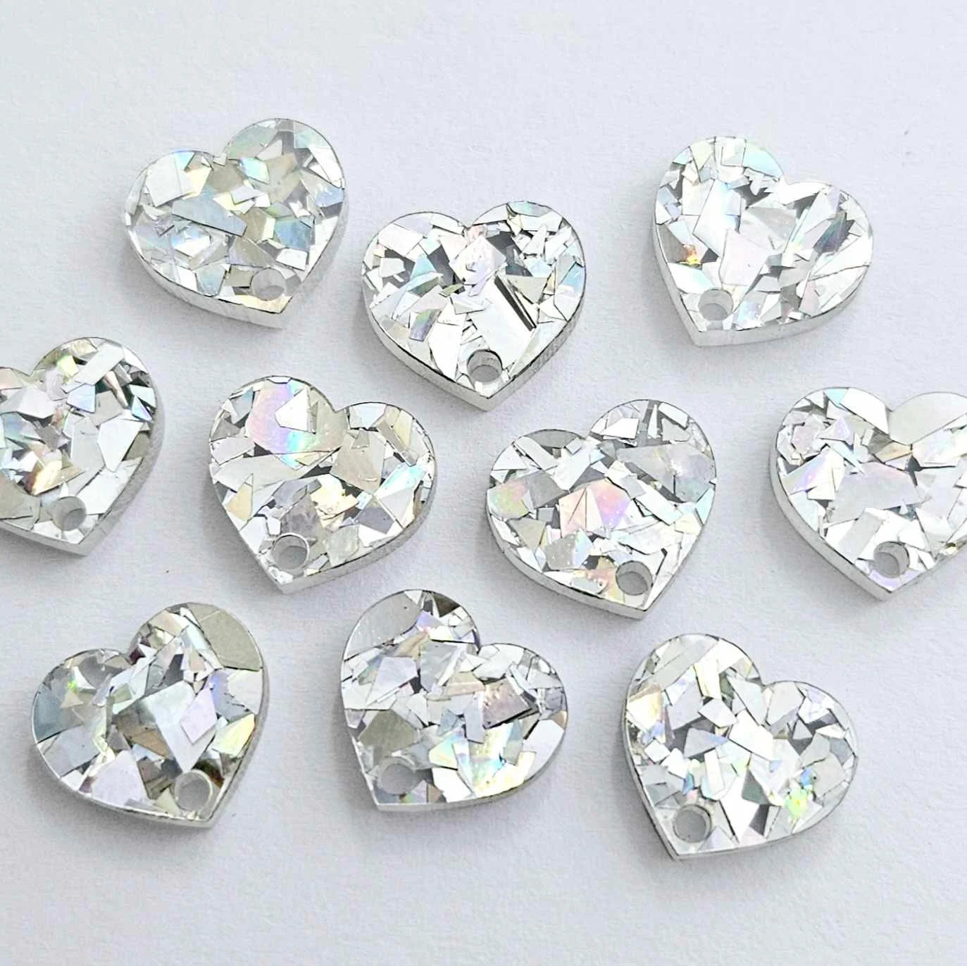 14mm HOLOGRAPHIC SILVER GLITTER Acrylic HEART Toppers/Studs