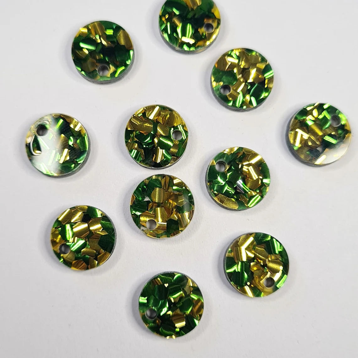 14mm CHUNKY GREEN AND GOLD GLITTER Acrylic Toppers/Studs