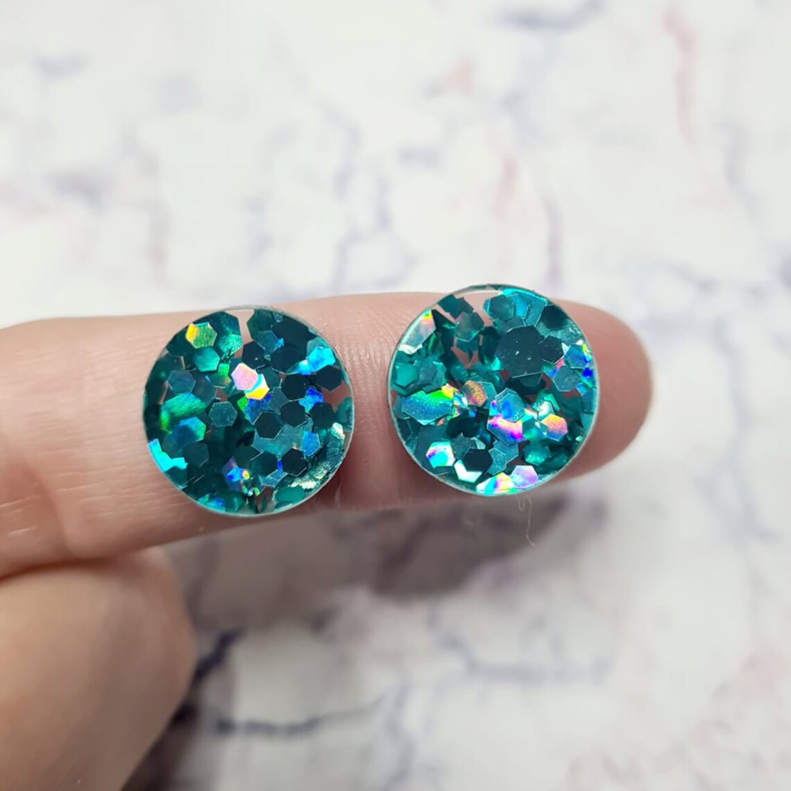 14mm CHUNKY TURQUOISE GLITTER Acrylic Toppers/Studs