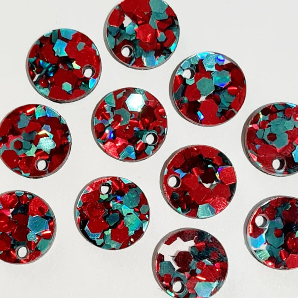 14mm CHUNKY RED AND TEAL GLITTER Acrylic Toppers/Studs