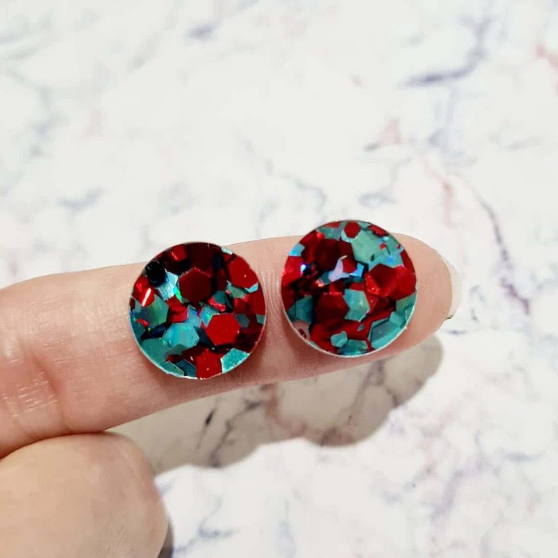 14mm CHUNKY RED AND TEAL GLITTER Acrylic Toppers/Studs