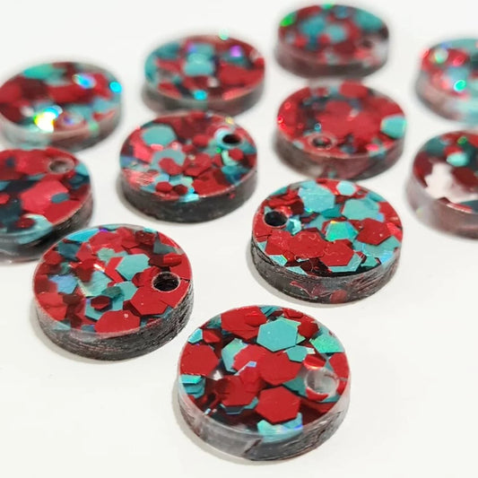 14mm CHUNKY RED AND TEAL GLITTER Acrylic Toppers/Studs