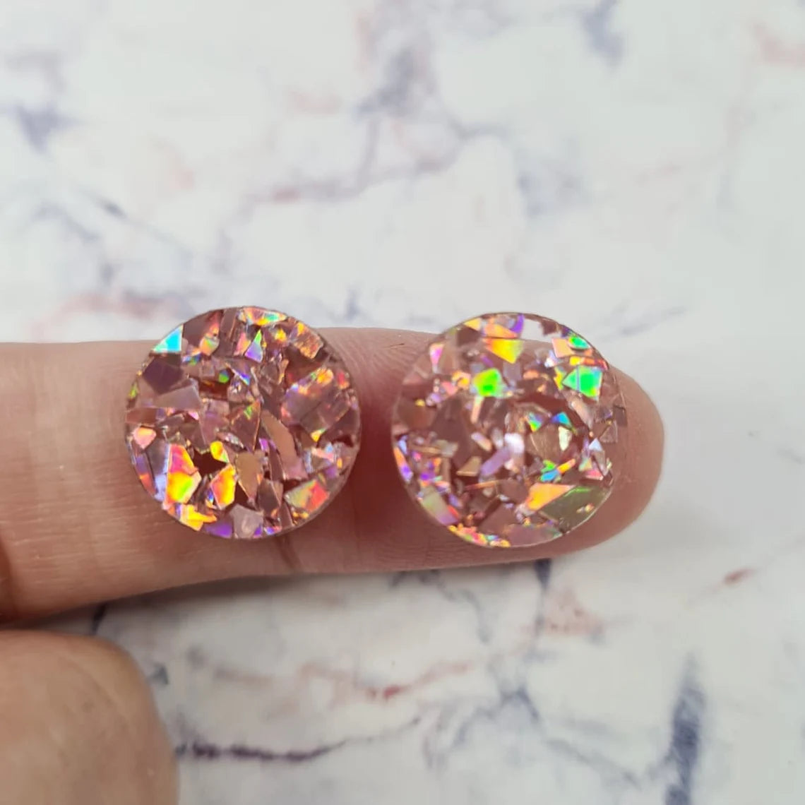 14mm CHUNKY HOLOGRAPHIC ROSE GOLD GLITTER Acrylic Toppers/Studs