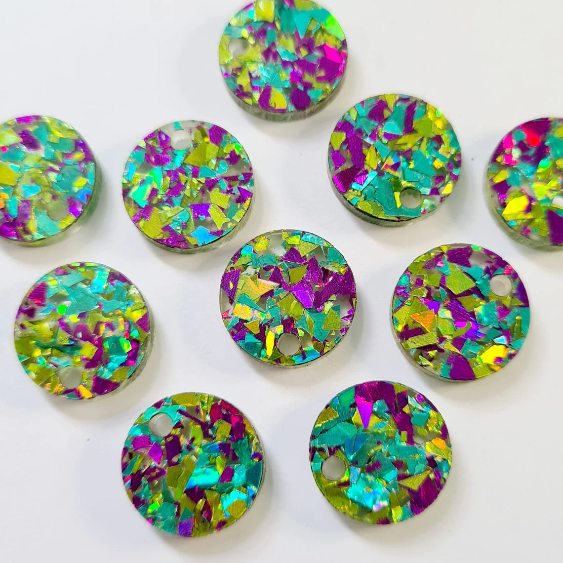 14mm CHUNKY PURPLE & GREEN PEACOCK GLITTER Acrylic Toppers/Studs