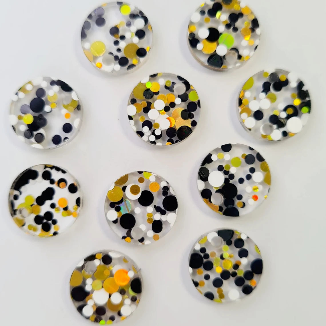 14mm BLACK, WHITE & GOLD BUBBLE GLITTER Acrylic Toppers/Studs