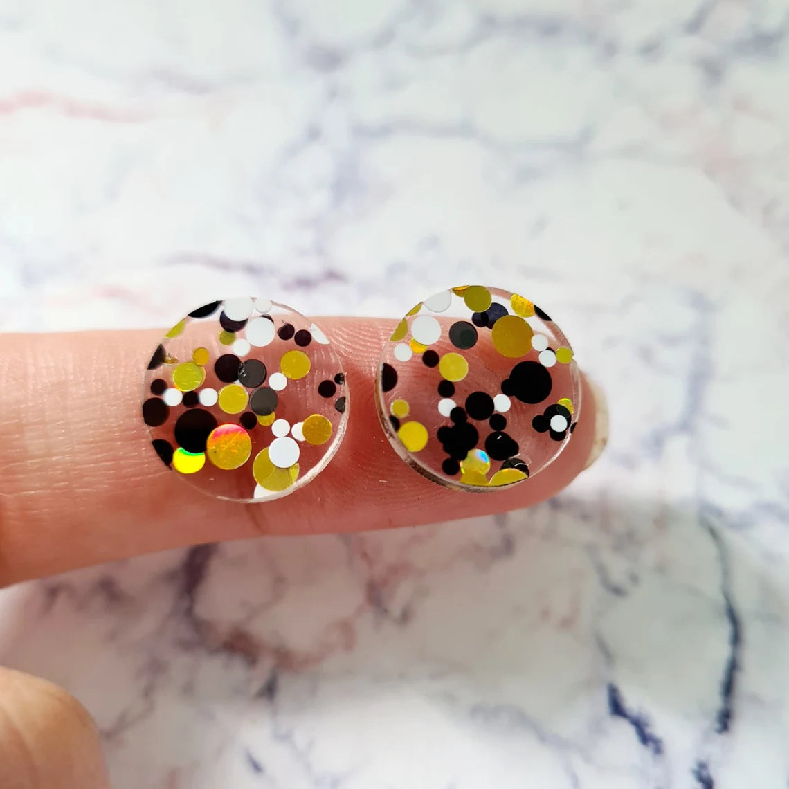 14mm BLACK, WHITE & GOLD BUBBLE GLITTER Acrylic Toppers/Studs