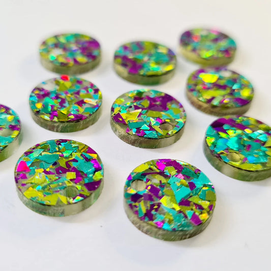 14mm CHUNKY PURPLE & GREEN PEACOCK GLITTER Acrylic Toppers/Studs