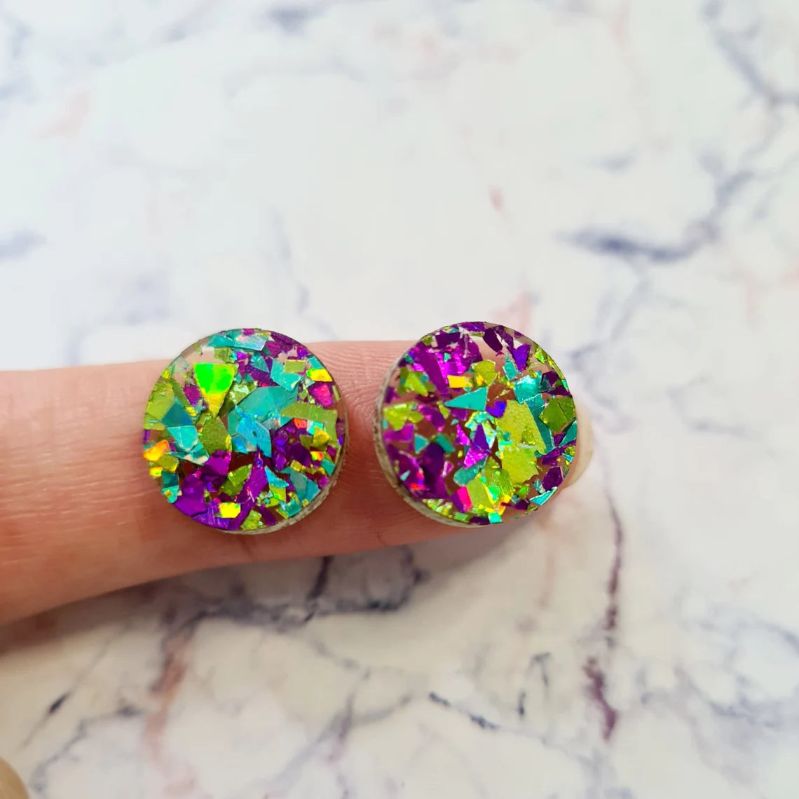 14mm CHUNKY PURPLE & GREEN PEACOCK GLITTER Acrylic Toppers/Studs