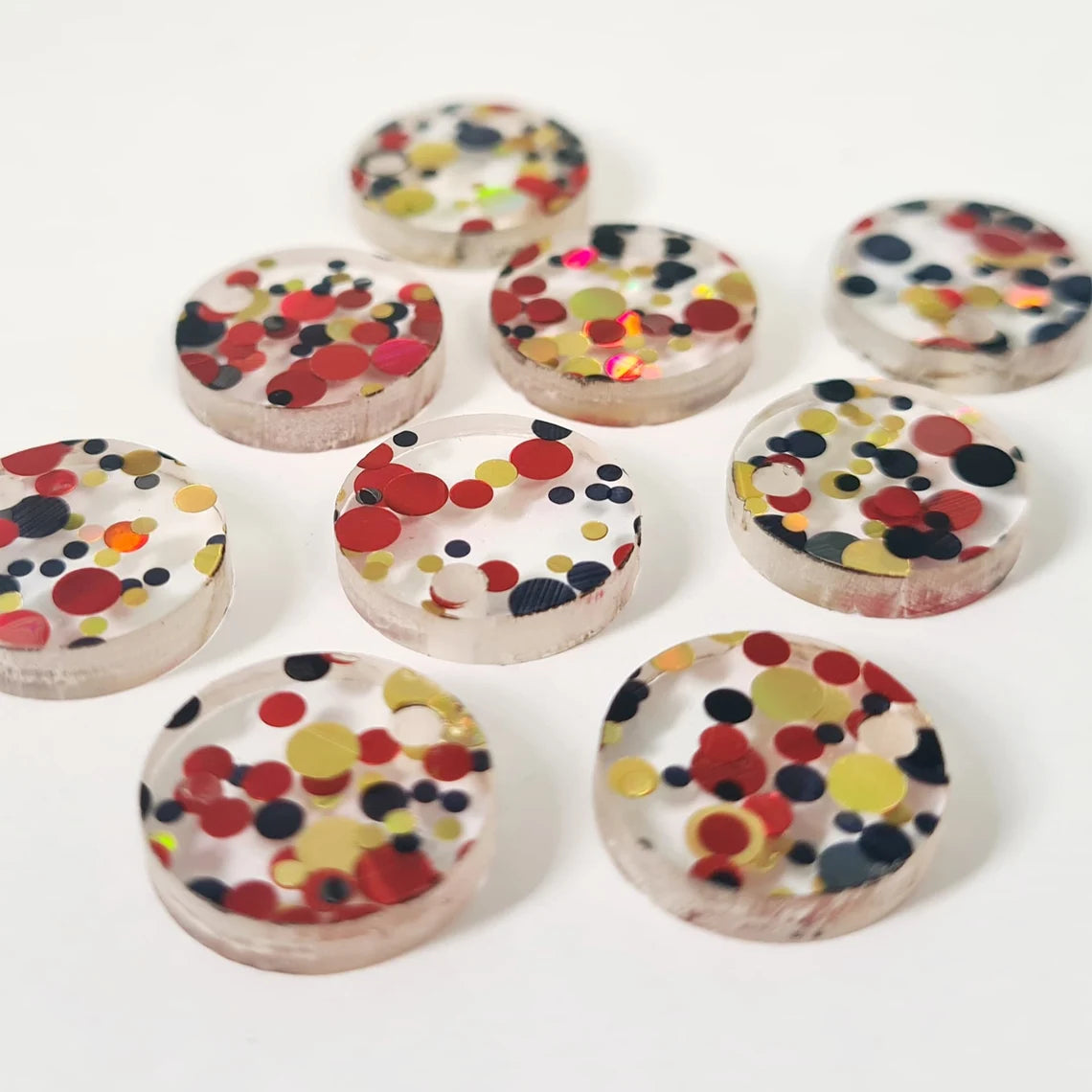 14mm RED, BLACK & GOLD BUBBLE GLITTER Acrylic Toppers/Studs