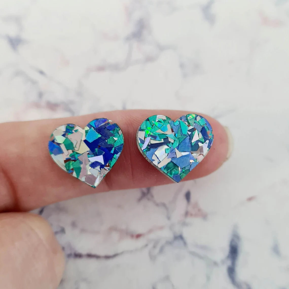 14mm AQUA GLITTER Acrylic HEART Toppers/Studs