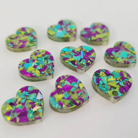 14mm PURPLE & GREEN PEACOCK GLITTER Acrylic HEART Toppers/Studs