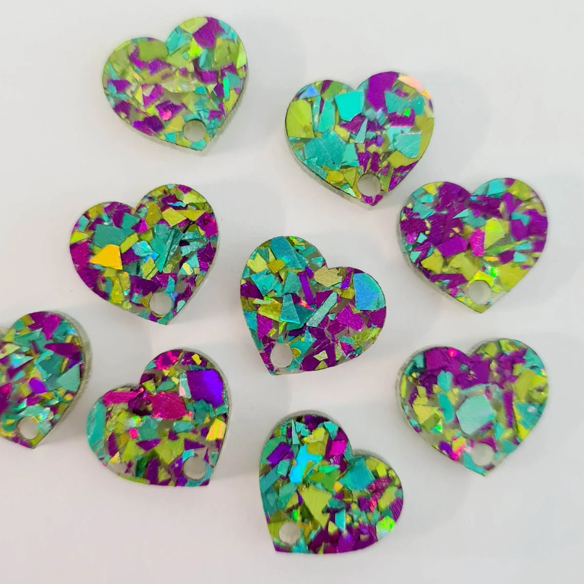 14mm PURPLE & GREEN PEACOCK GLITTER Acrylic HEART Toppers/Studs