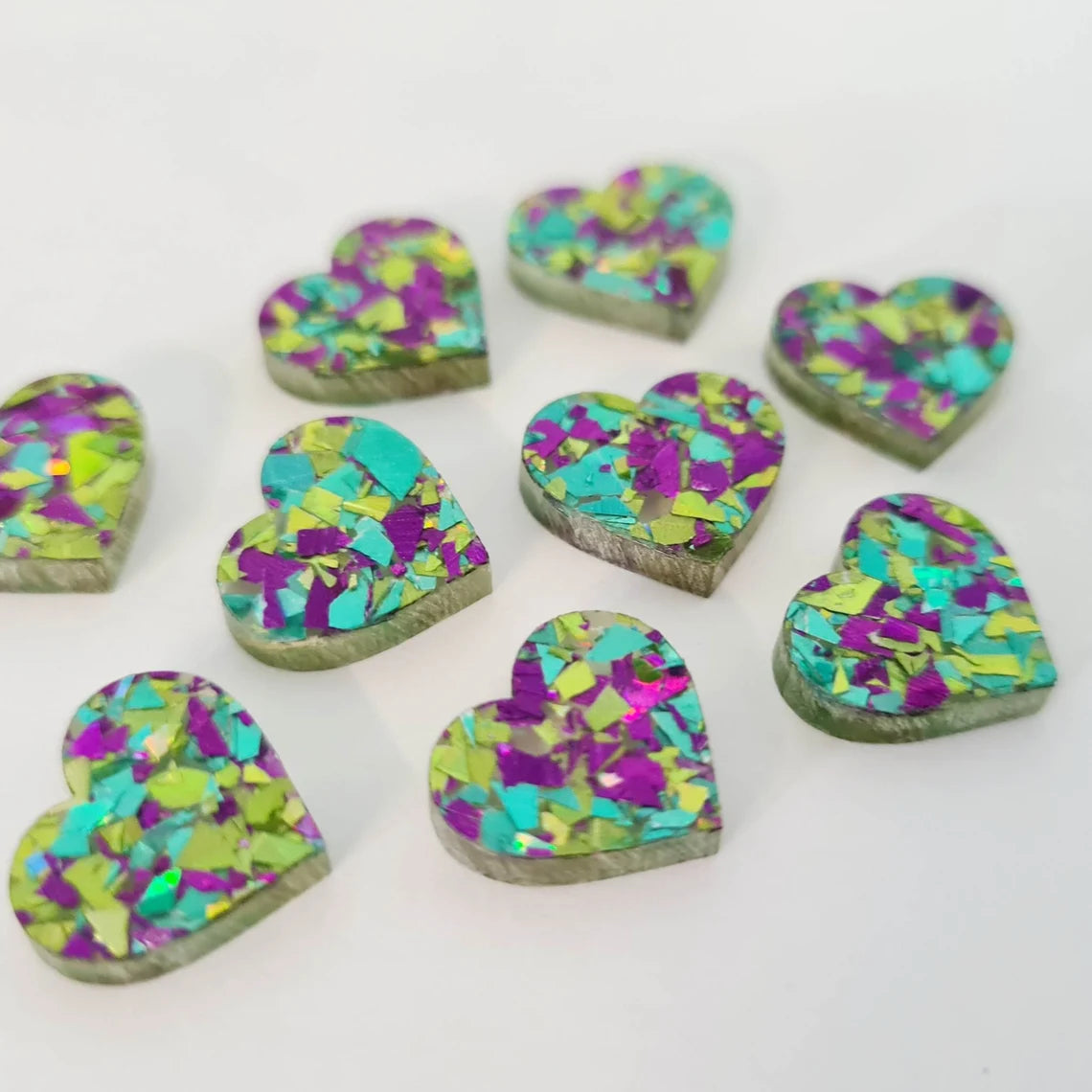 14mm PURPLE & GREEN PEACOCK GLITTER Acrylic HEART Toppers/Studs