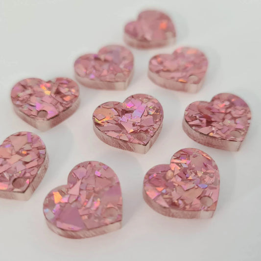 14mm  HOLOGRAPHIC ROSE GOLD GLITTER Acrylic HEART Toppers/Studs