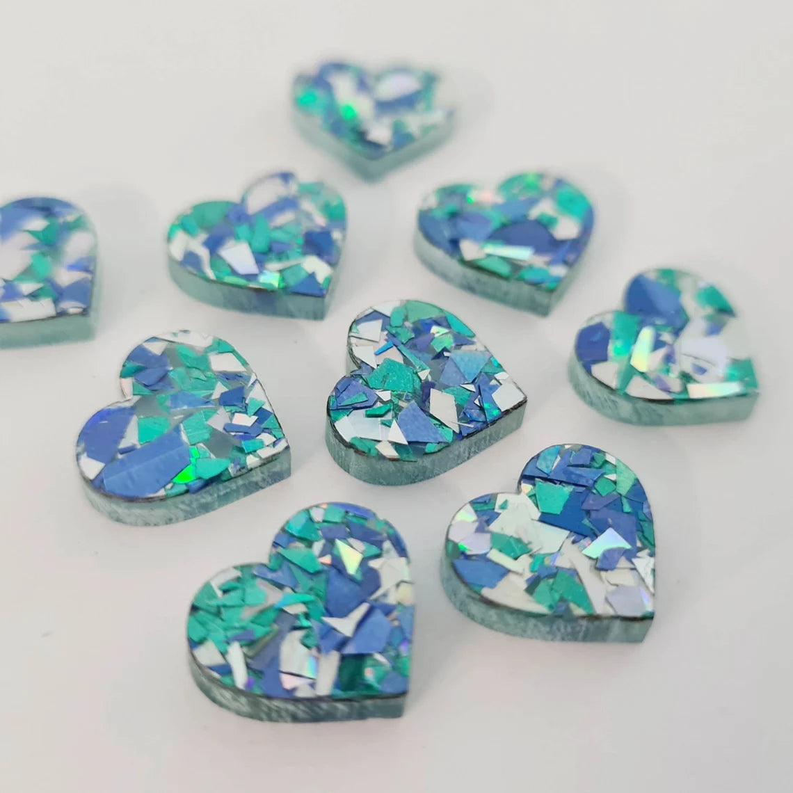 14mm AQUA GLITTER Acrylic HEART Toppers/Studs